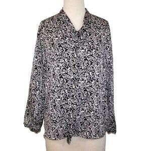 Charming Charlie Popover Shirt Top Medium Black White Flowy Tie Front Blouse